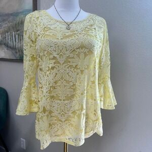 Butter Yellow Lace Bell Sleeve Boho Notations Top‎ - Size M